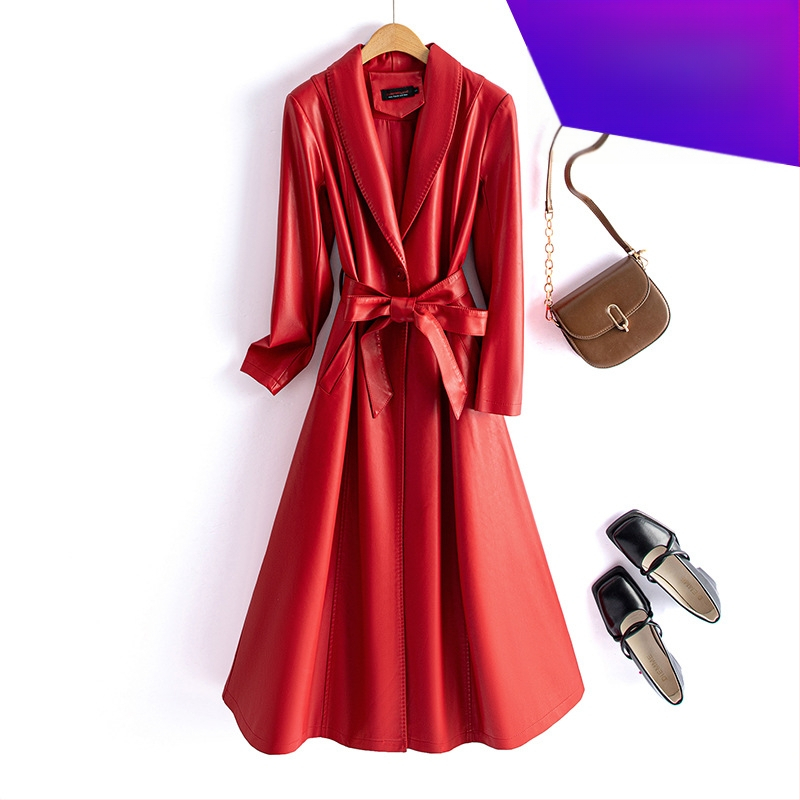 Sieviešu PU ādas garais mētelis ar jostas sašaurināšanu, ar vienu pogu