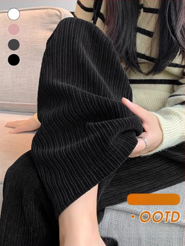 Chenille plačios kelnės su aukštu liemeniu, fleece pamušalas, storas audinys, 2025 metų žiema