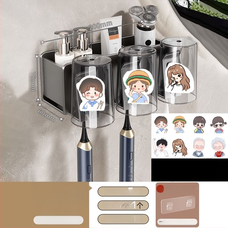 Zobu birstes turētājs, sienas montāža, bez urbšanas, alumīnijs, 2-3-4 nodalījumi, ar drukātu logotipu