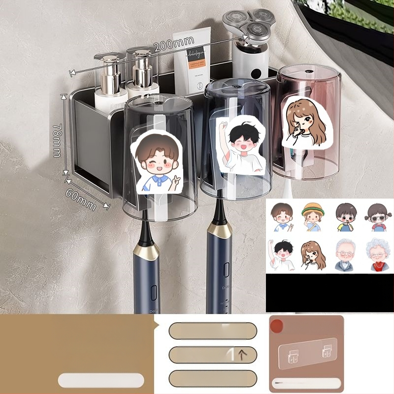 Zobu birstes turētājs, sienas montāža, bez urbšanas, alumīnijs, 2-3-4 nodalījumi, ar drukātu logotipu