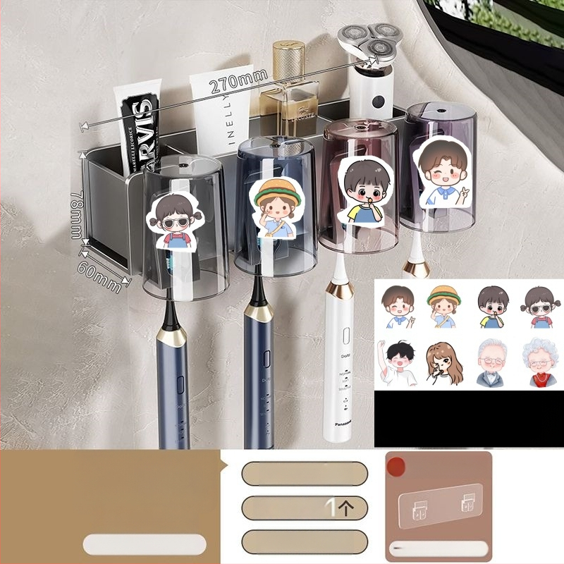 Zobu birstes turētājs, sienas montāža, bez urbšanas, alumīnijs, 2-3-4 nodalījumi, ar drukātu logotipu