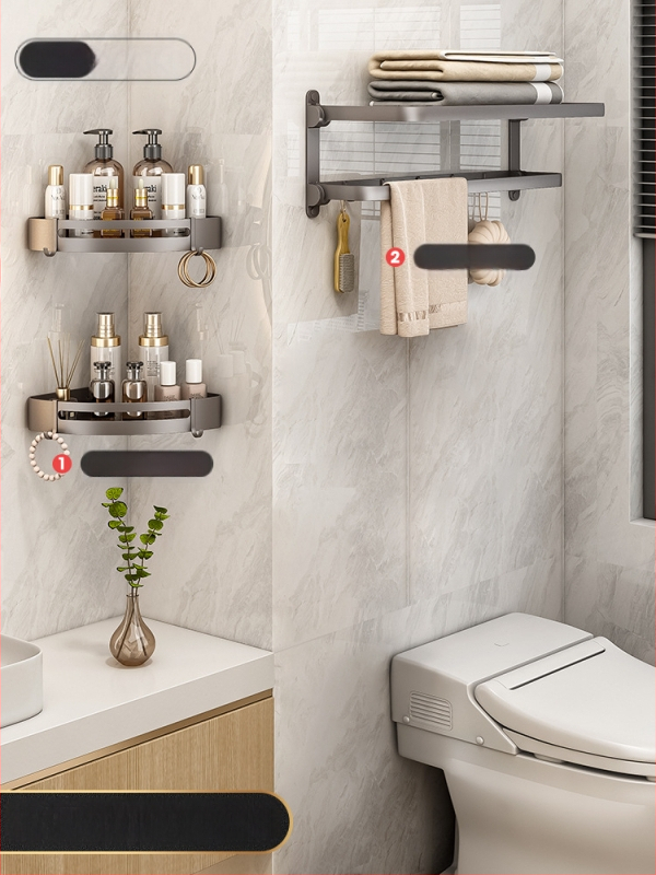 Siena dvieļu plaukts no Space Aluminum, 2 līmeņi, salokāms vannas istabai, bez urbuma