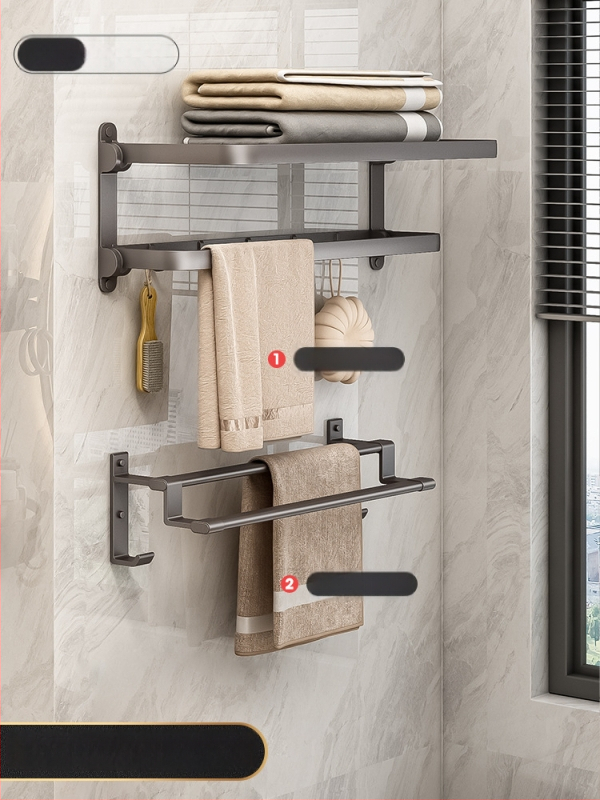 Siena dvieļu plaukts no Space Aluminum, 2 līmeņi, salokāms vannas istabai, bez urbuma