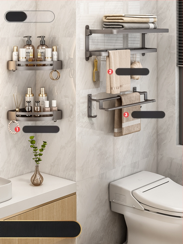 Siena dvieļu plaukts no Space Aluminum, 2 līmeņi, salokāms vannas istabai, bez urbuma