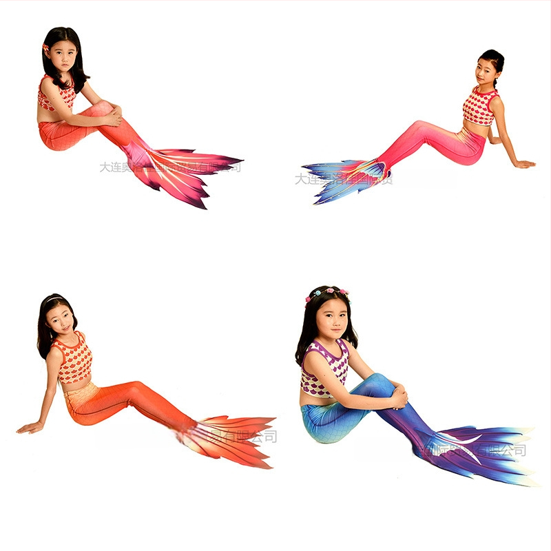 Bērnu viengabala sirenas peldkostīms ar asti un plūsmām, svītrainu/gradienta raksts, 20% elastāns