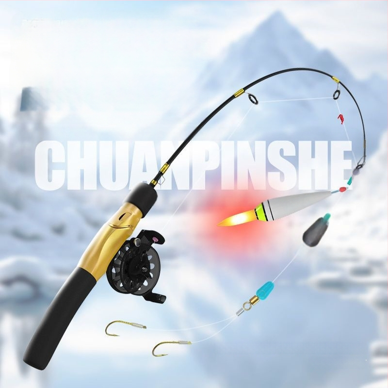 Ledus makšķerēšanas nūja, pārnēsājama, ar iepriekš piesienotu līniju un iekļauto spoli, pilns komplekts