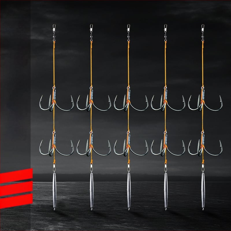 Āķu komplekts ar svina galvas ankoram, ar trim zobiem, zvīņu laušanas asmens, garš metiens, iepriekš piesieti āķi