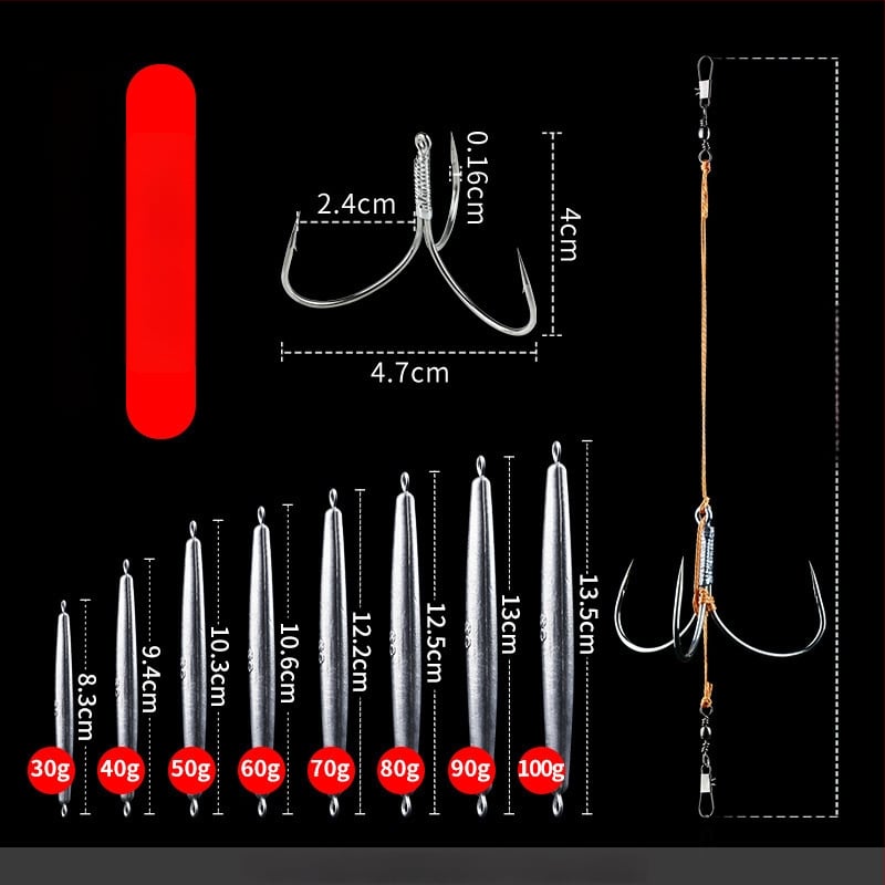 Āķu komplekts ar svina galvas ankoram, ar trim zobiem, zvīņu laušanas asmens, garš metiens, iepriekš piesieti āķi