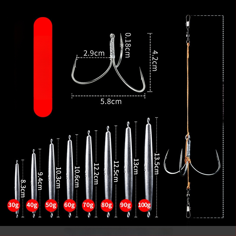 Āķu komplekts ar svina galvas ankoram, ar trim zobiem, zvīņu laušanas asmens, garš metiens, iepriekš piesieti āķi