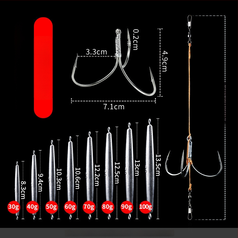 Āķu komplekts ar svina galvas ankoram, ar trim zobiem, zvīņu laušanas asmens, garš metiens, iepriekš piesieti āķi