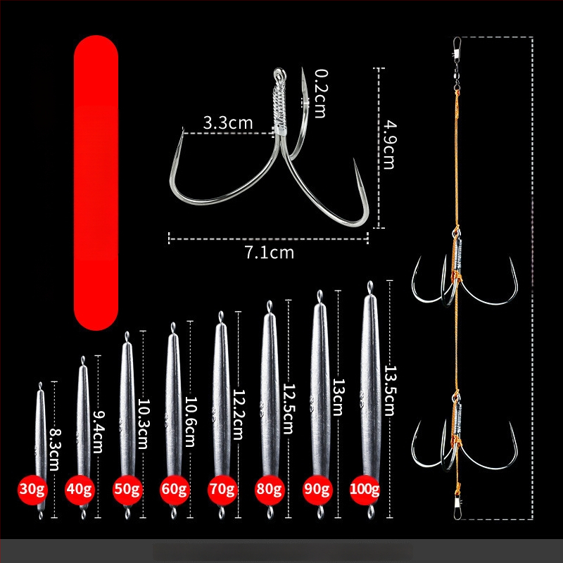Āķu komplekts ar svina galvas ankoram, ar trim zobiem, zvīņu laušanas asmens, garš metiens, iepriekš piesieti āķi