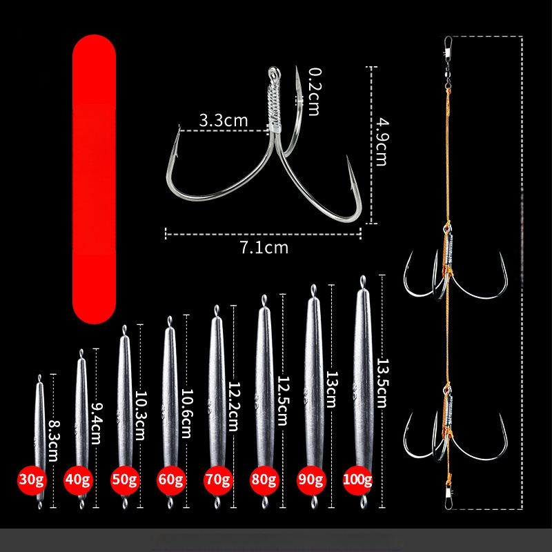 Āķu komplekts ar svina galvas ankoram, ar trim zobiem, zvīņu laušanas asmens, garš metiens, iepriekš piesieti āķi