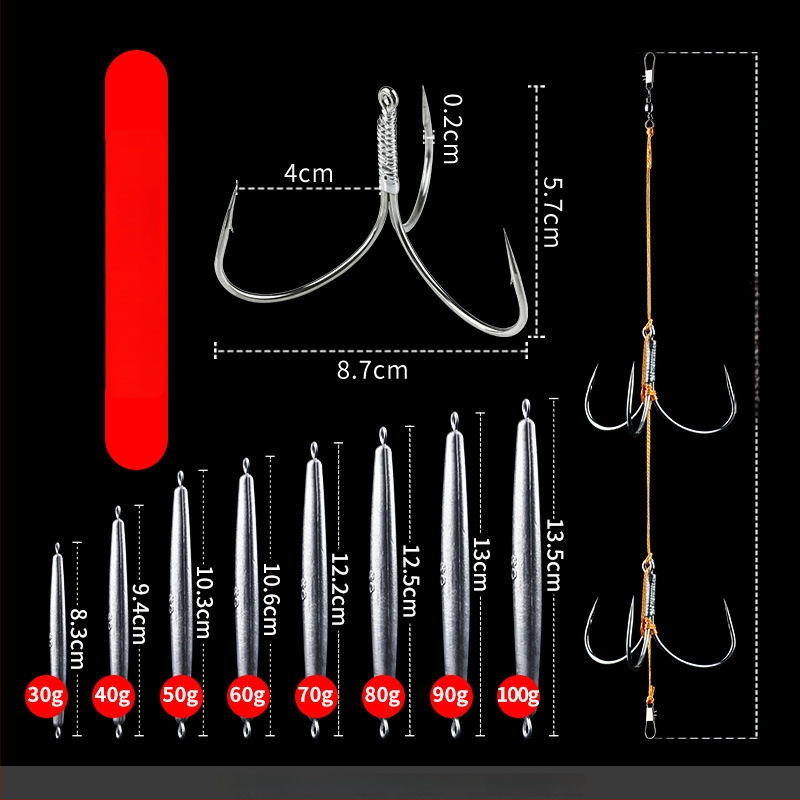 Āķu komplekts ar svina galvas ankoram, ar trim zobiem, zvīņu laušanas asmens, garš metiens, iepriekš piesieti āķi