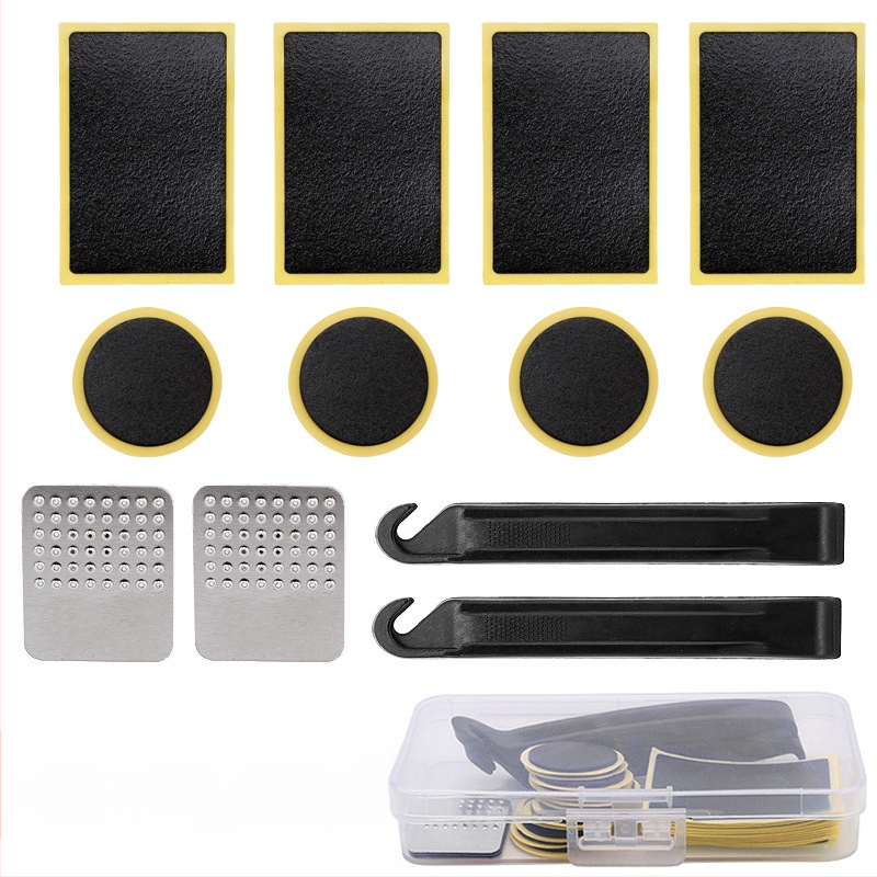 Plastikinis dviračio padangos remonto rinkinys be klijų, su demontavimo įrankiais ir remonto priemonėmis