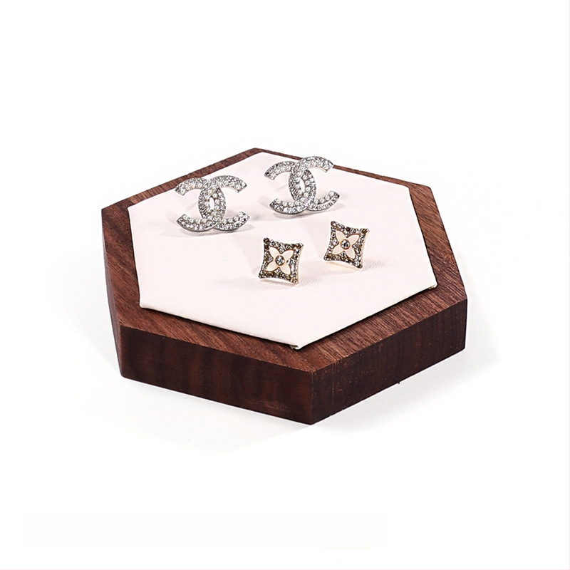 Trīsdaļu komplekts valrieksta koka ša hexagonāla rotaslietu displeja statīvs ar vienu slāni