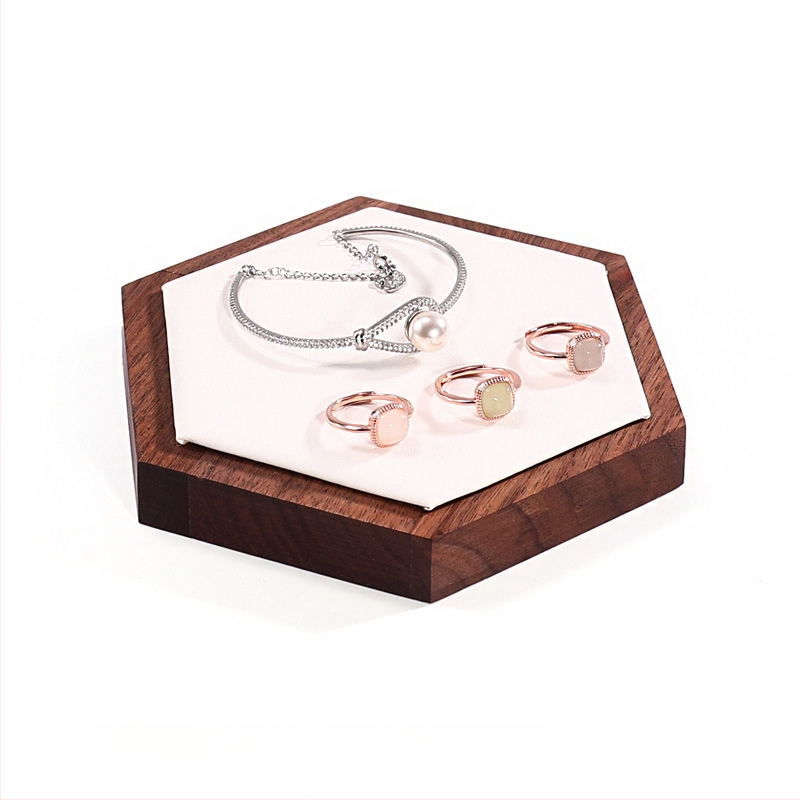 Trīsdaļu komplekts valrieksta koka ša hexagonāla rotaslietu displeja statīvs ar vienu slāni