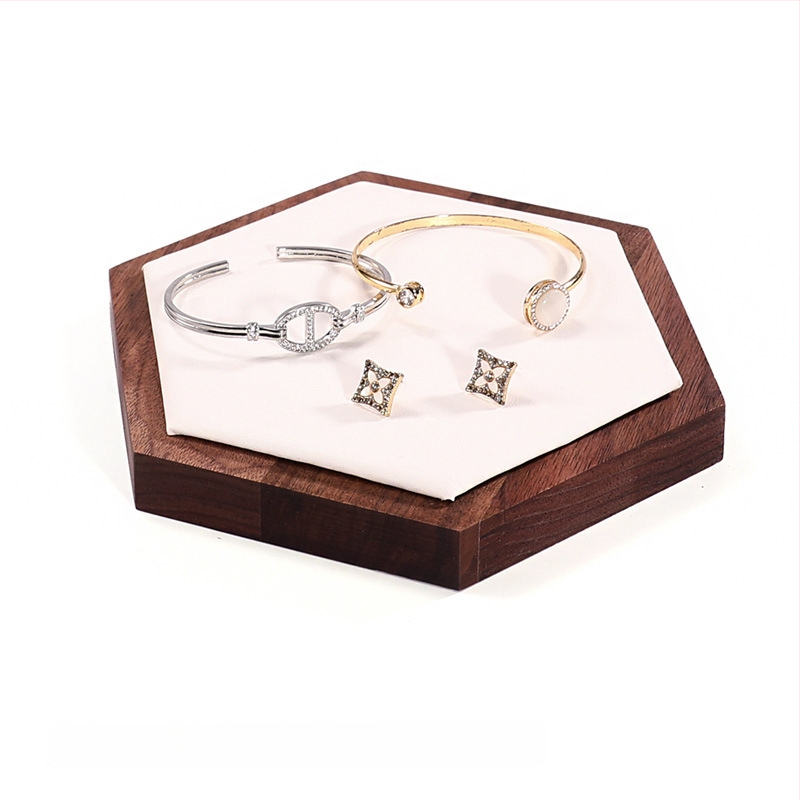 Trīsdaļu komplekts valrieksta koka ša hexagonāla rotaslietu displeja statīvs ar vienu slāni