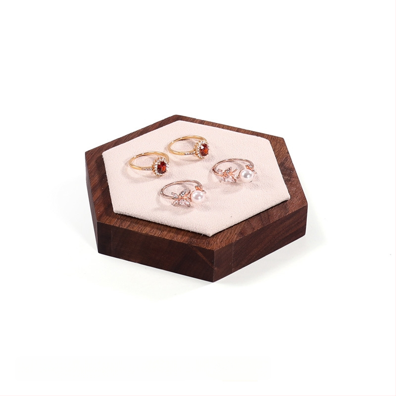 Trīsdaļu komplekts valrieksta koka ša hexagonāla rotaslietu displeja statīvs ar vienu slāni