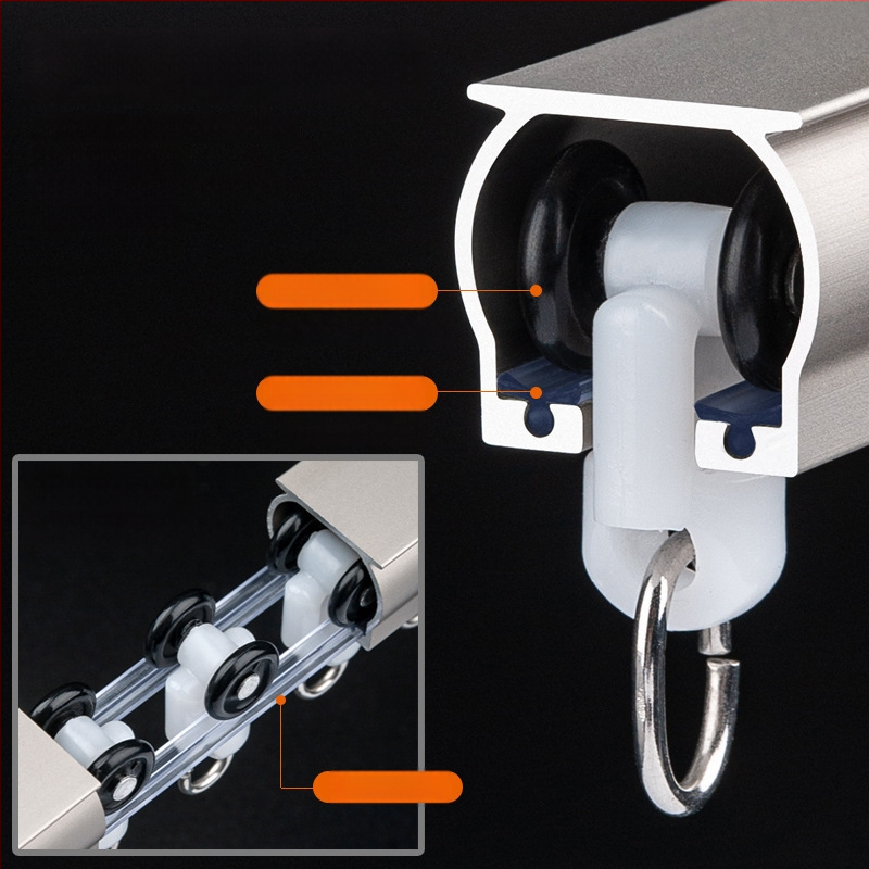 Užuolaidų bėgikų sistema su dviguba bėgimo vaga, šoninis viršutinis tvirtinimas, aliuminio lydinys, pritaikomas, šiuolaikinis minimalistinis stilius