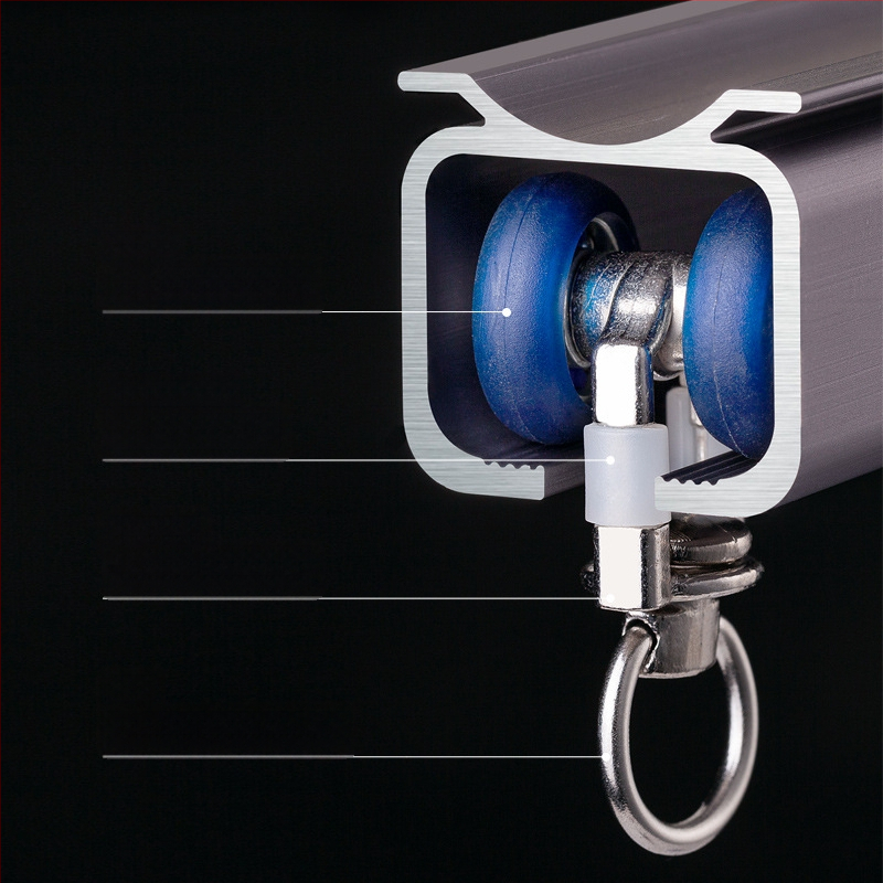 Huanli Užuolaidų bėgikliai – aliuminio lydinio, viršutinė ir šoninė montavimas, tylus bėgiklis su guoliais ratukais, skirtas vieno ir dviejų bėgiklių sistemai