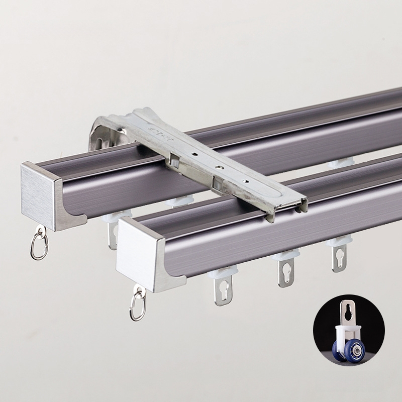 Huanli Užuolaidų bėgikliai – aliuminio lydinio, viršutinė ir šoninė montavimas, tylus bėgiklis su guoliais ratukais, skirtas vieno ir dviejų bėgiklių sistemai