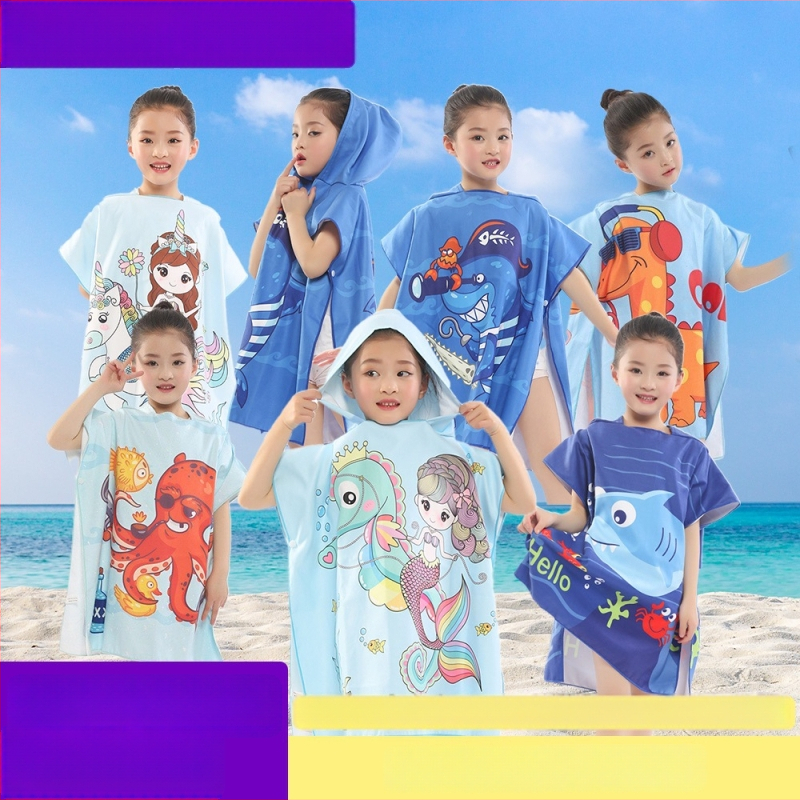 Bērnu divpusīgs fleece pončo dvielis ar kapuci, ātri žūstošs pludmales dvielis peldēšanai un pārģēšanai (Zīmols: Shengchun; Materiāls: Blended; Svars: 200 g; Dziļš vilnas pavediens: Core yarn; Pielāgošana: Jā)