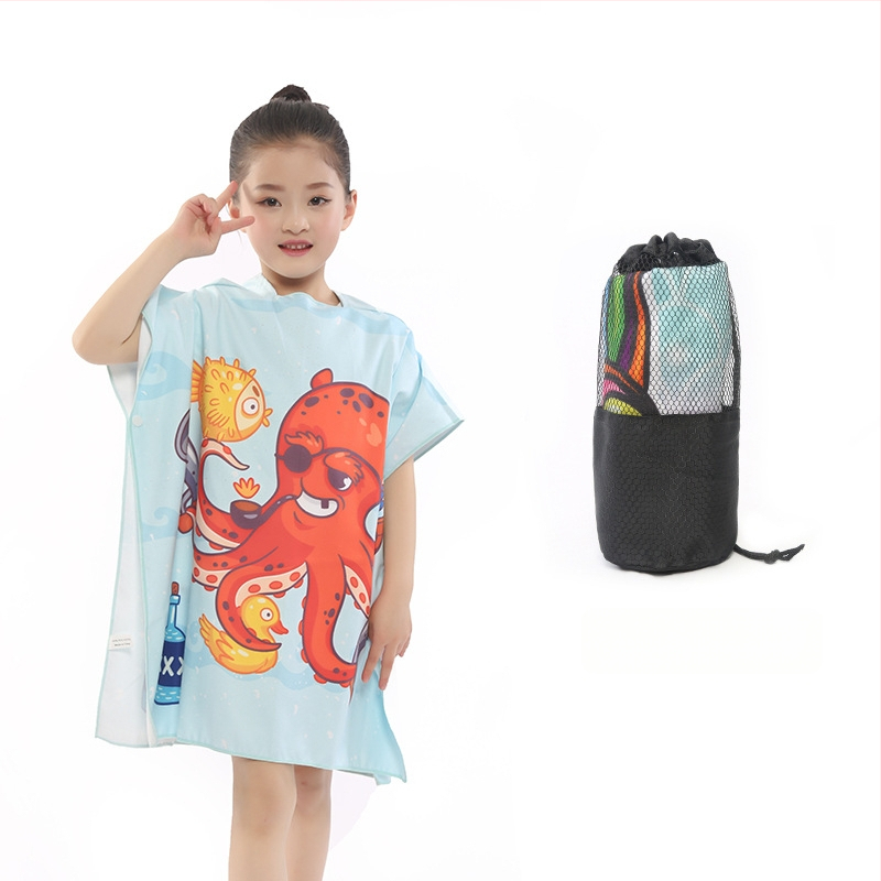 Bērnu divpusīgs fleece pončo dvielis ar kapuci, ātri žūstošs pludmales dvielis peldēšanai un pārģēšanai (Zīmols: Shengchun; Materiāls: Blended; Svars: 200 g; Dziļš vilnas pavediens: Core yarn; Pielāgošana: Jā)