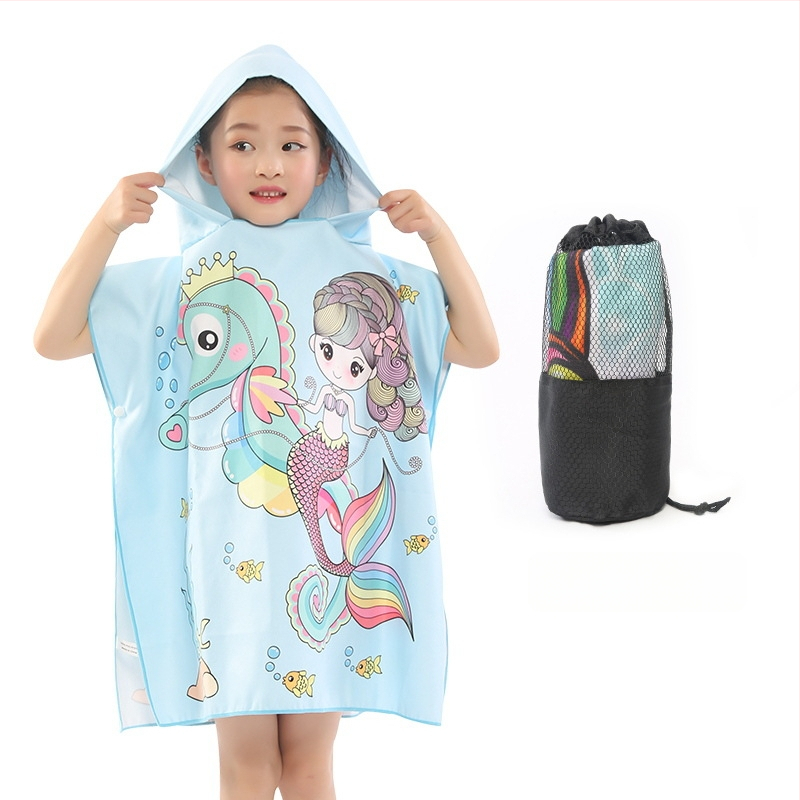 Bērnu divpusīgs fleece pončo dvielis ar kapuci, ātri žūstošs pludmales dvielis peldēšanai un pārģēšanai (Zīmols: Shengchun; Materiāls: Blended; Svars: 200 g; Dziļš vilnas pavediens: Core yarn; Pielāgošana: Jā)