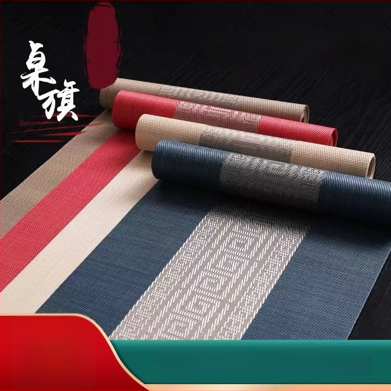 Stolni runner za čajnu ceremoniju, Zen inspiriran, Novi kineski stil, prugasti uzorak, PVC površina, smjesa poliestera 70%/30%
