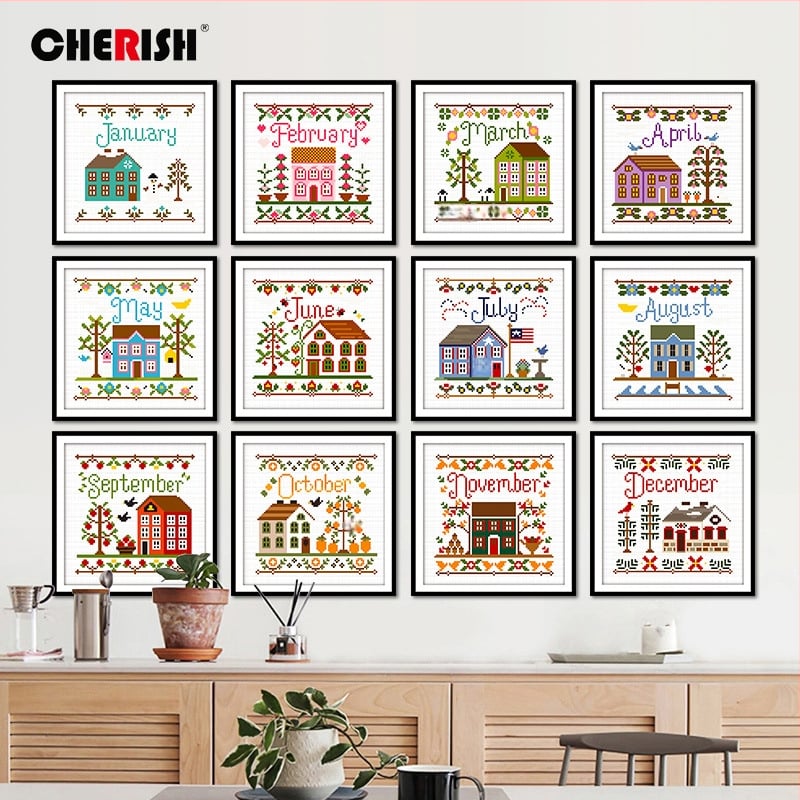 Krustu šūšanas komplekts: ainavas raksts, 14ct kokvilnas audums, mūsdienīgs minimālisma stils