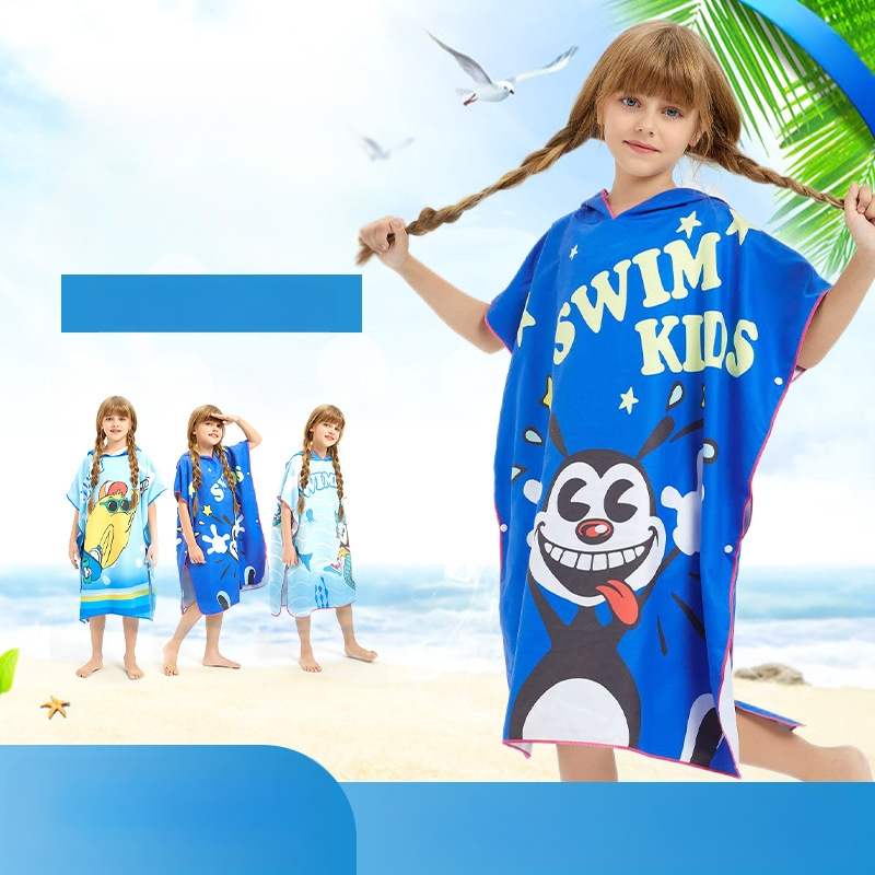 Bērnu kapuci mikrofibra dvielis ar druku, ātri žūst, mīksts un ērts; 85% poliesters, paved 150D, GSM 200–300, drukāšana, personalizēta apstrāde