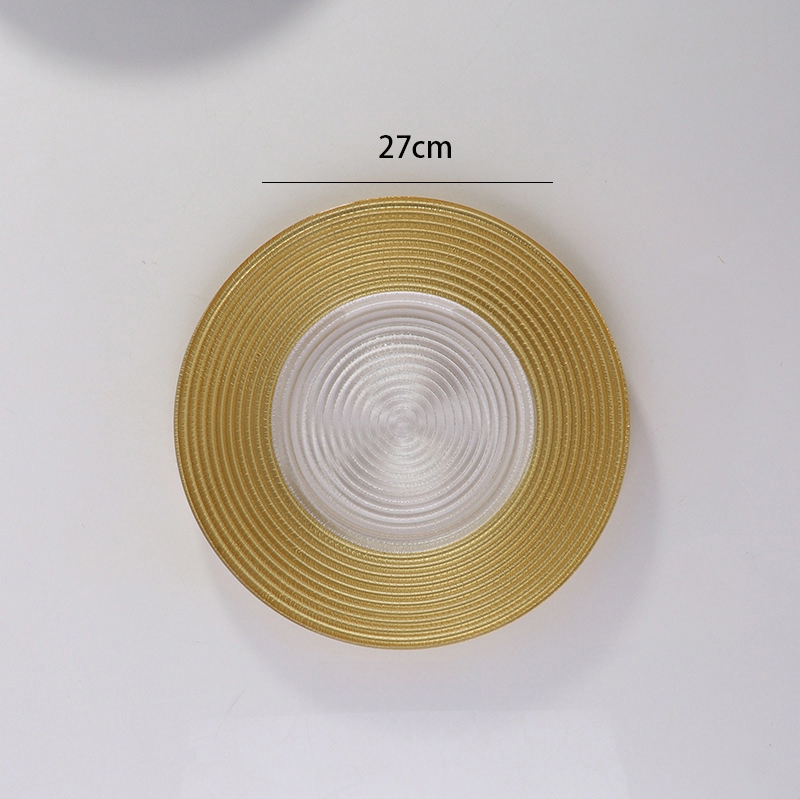 Stikla šķīvis ar Eiropas stila metāla apmali, apaļš, ar elektroplātētu virsmu, viesnīcas dekors