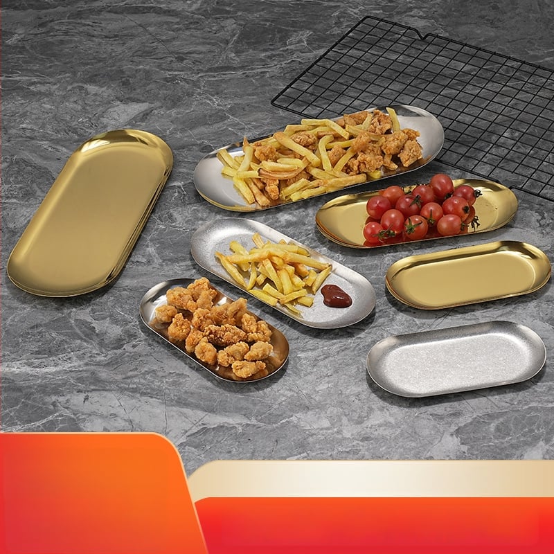 Nerūsējošā tērauda nordiskā stila servēšanas trauks ar neregulāras ovālas formas, piemērots viesnīcām, maltītei un tējai, mikroviļņu drošs