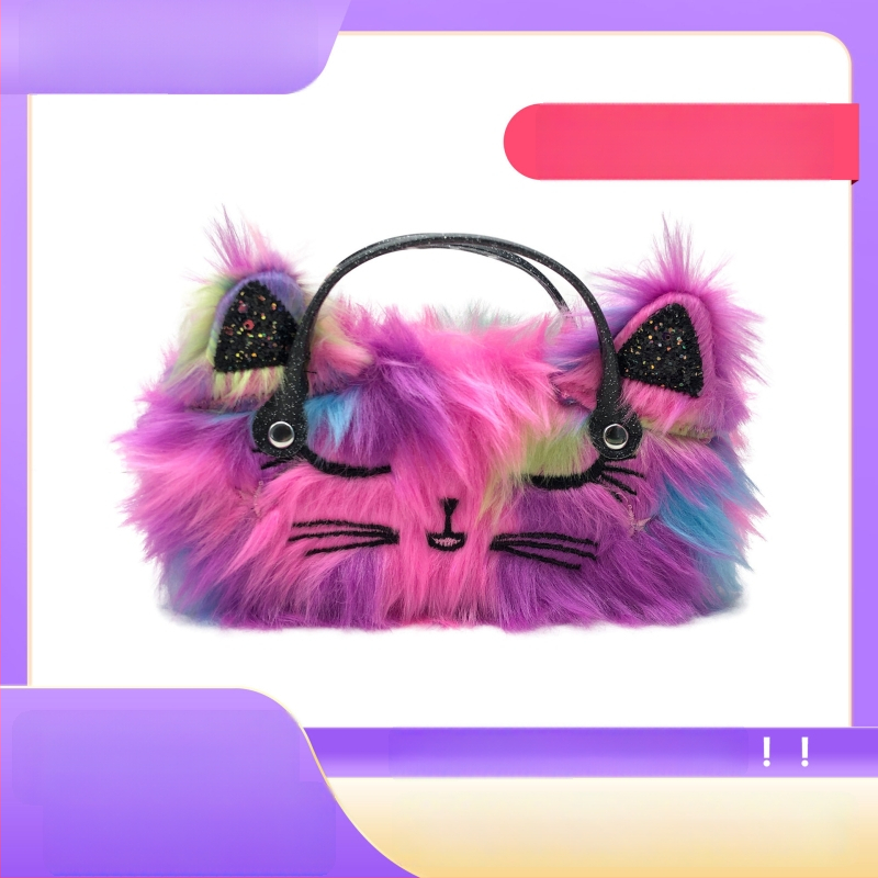 Vaikų pliušinis akinų dėklas su katės motyvu — audinys, siuvinėjimas, animacinis gyvūnų dizainas, pritaikomas