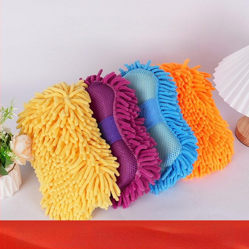 Automobilių valymo kempinė ir chenille rankšluostis — sugeria vandenį; medžiaga: kempinė + chenille; pluošto technologija: blended yarn; svoris: 55 g / 85 g; funkcija: automobilių valymas