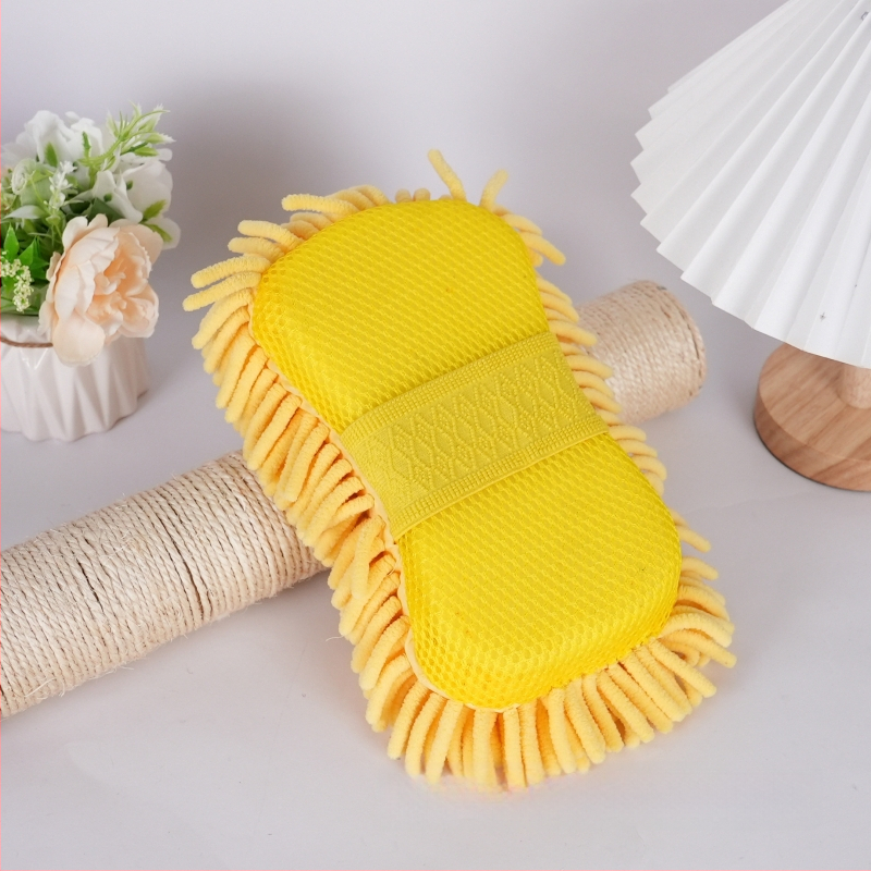 Automobilių valymo kempinė ir chenille rankšluostis — sugeria vandenį; medžiaga: kempinė + chenille; pluošto technologija: blended yarn; svoris: 55 g / 85 g; funkcija: automobilių valymas