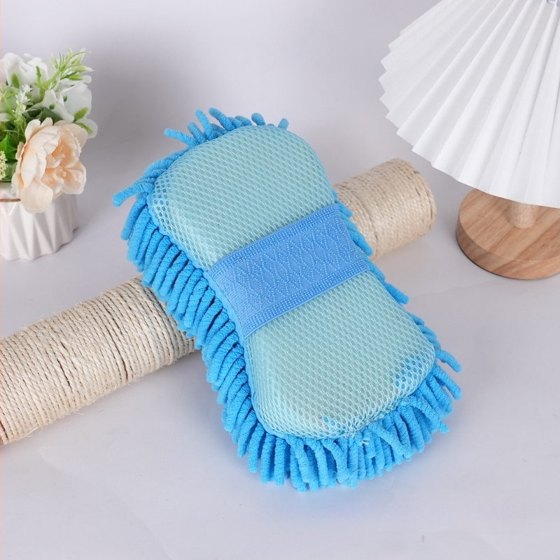 Automobilių valymo kempinė ir chenille rankšluostis — sugeria vandenį; medžiaga: kempinė + chenille; pluošto technologija: blended yarn; svoris: 55 g / 85 g; funkcija: automobilių valymas