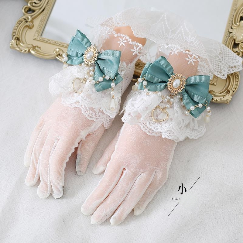 Lolita pirštinės su nėrinių kaspide ir perliukų grandine, atskirti pirštai, UV apsauga, retro elegantiškas stilius, medvilnės pagrindas ir Ice Silk audinys