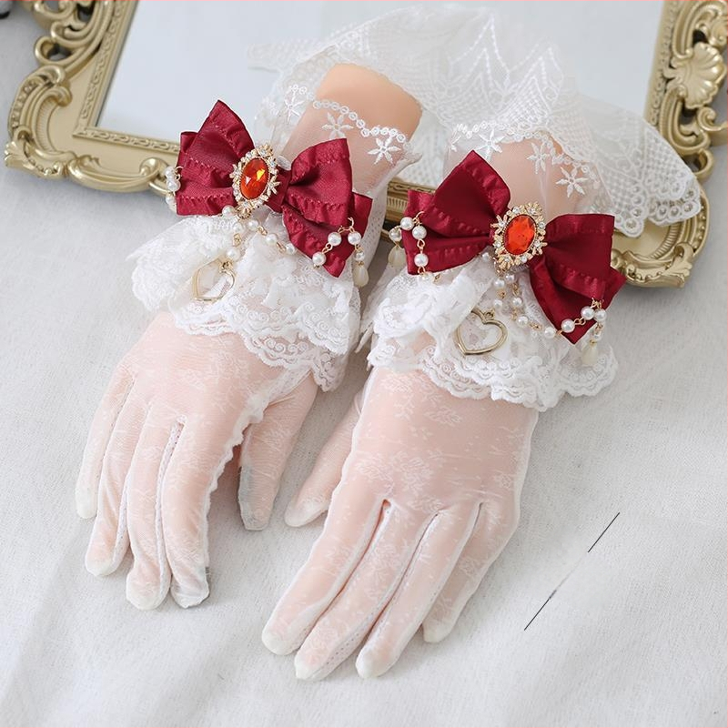 Lolita pirštinės su nėrinių kaspide ir perliukų grandine, atskirti pirštai, UV apsauga, retro elegantiškas stilius, medvilnės pagrindas ir Ice Silk audinys