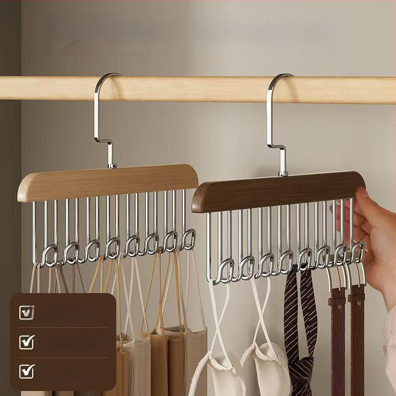 Koka kaklasaiteņu turētājs ar 8 āķiem, daudzfunkcionāls drēbju uzglabāšanas risinājums