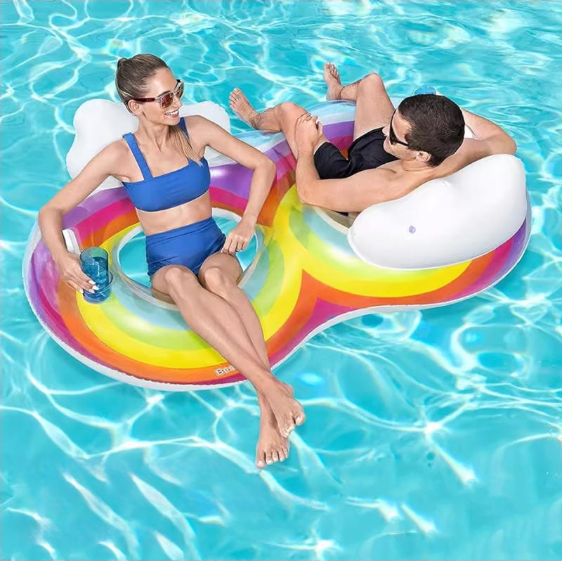 Pūšamais dubultais ūdens krēsls ar varavīksnes rakstu un gaisa spilvenu, no videi draudzīga PVC