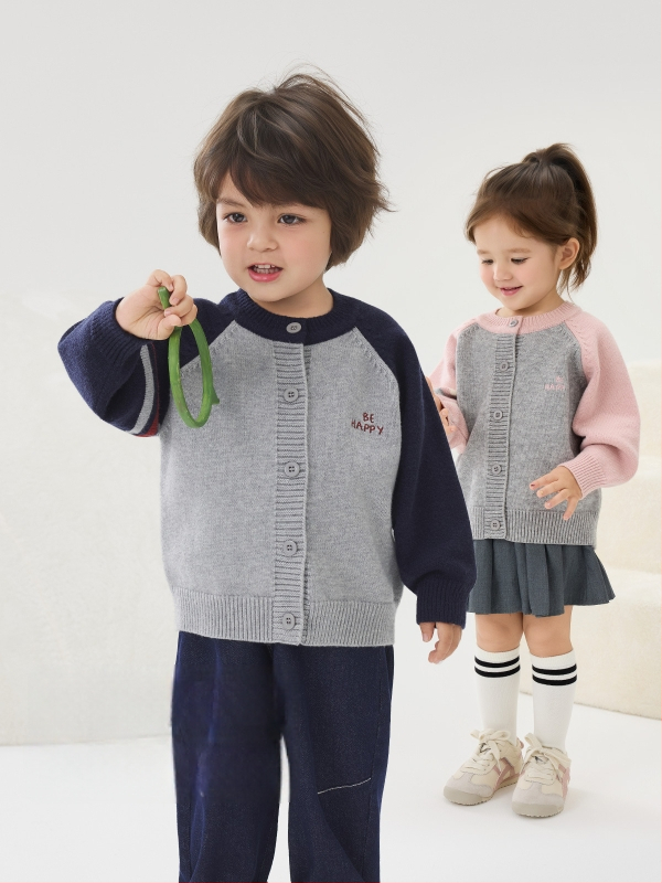 Vaikų megztinis kardiganas su ilgomis rankovėmis ir apvaliu kaklu iš medvilnės, tinkamas rudeniui, pavasariui ir žiemai