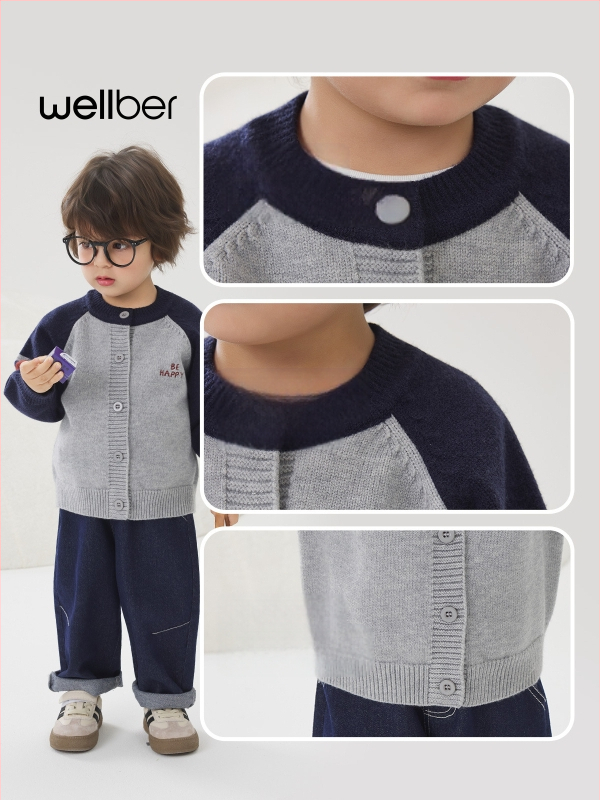 Vaikų megztinis kardiganas su ilgomis rankovėmis ir apvaliu kaklu iš medvilnės, tinkamas rudeniui, pavasariui ir žiemai