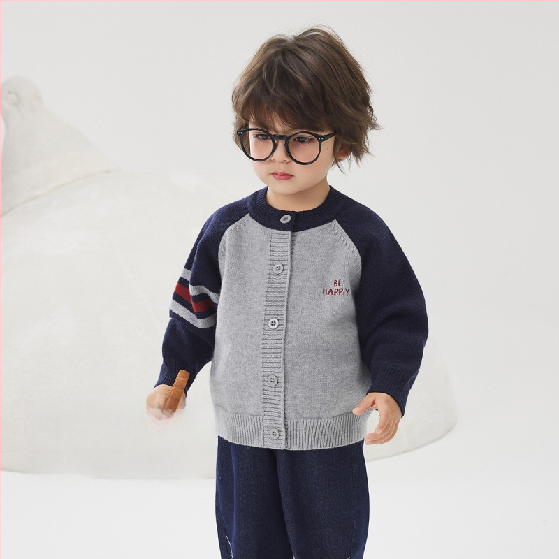 Vaikų megztinis kardiganas su ilgomis rankovėmis ir apvaliu kaklu iš medvilnės, tinkamas rudeniui, pavasariui ir žiemai