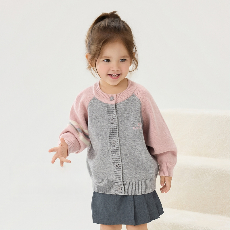 Vaikų megztinis kardiganas su ilgomis rankovėmis ir apvaliu kaklu iš medvilnės, tinkamas rudeniui, pavasariui ir žiemai