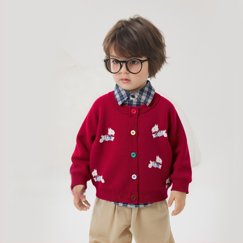 Vaikų megztinis kardiganas su ilgomis rankovėmis ir apvaliu kaklu iš medvilnės, tinkamas rudeniui, pavasariui ir žiemai