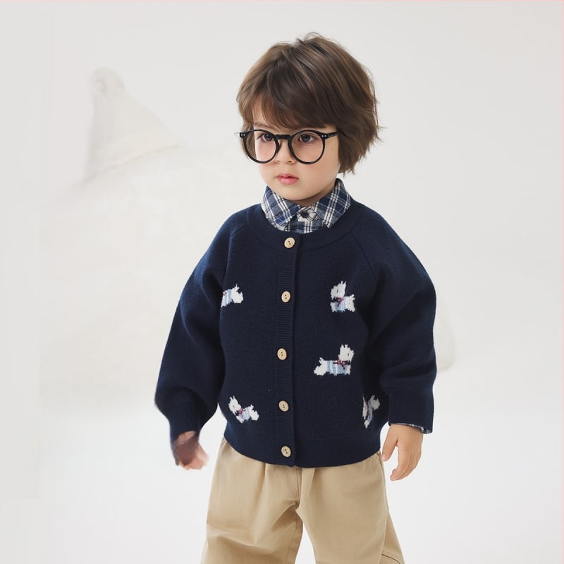 Vaikų megztinis kardiganas su ilgomis rankovėmis ir apvaliu kaklu iš medvilnės, tinkamas rudeniui, pavasariui ir žiemai