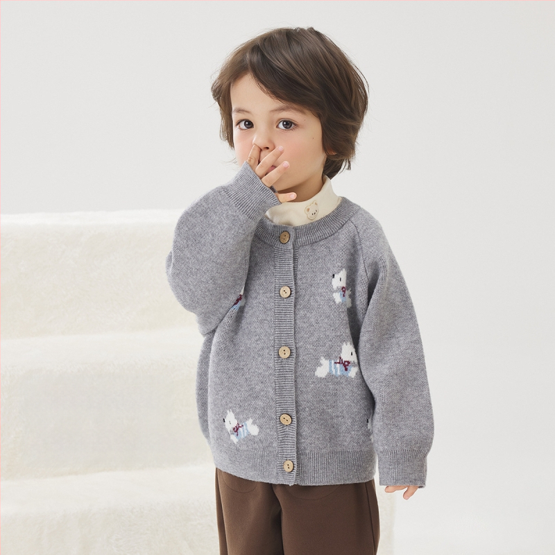 Vaikų megztinis kardiganas su ilgomis rankovėmis ir apvaliu kaklu iš medvilnės, tinkamas rudeniui, pavasariui ir žiemai