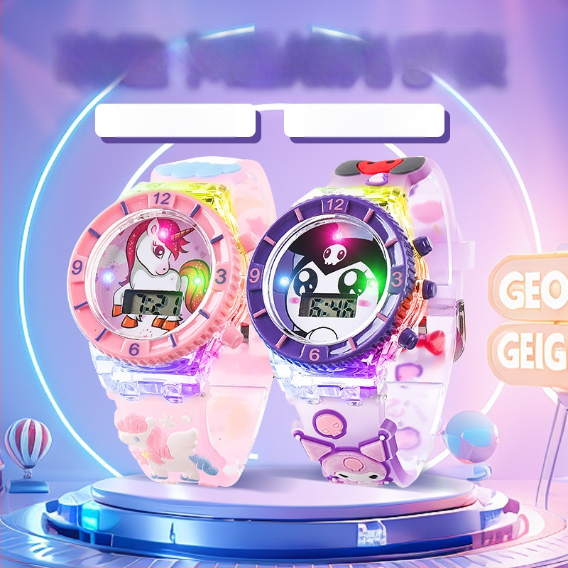 Elektroniline laste kell valguse ja muusikaga, multikas kujundus; liikumise tüüp: elektrooniline; veekindlus: ei; korpuse materjal: plastik; rihma materjal: plastik; peegli materjal: plastik