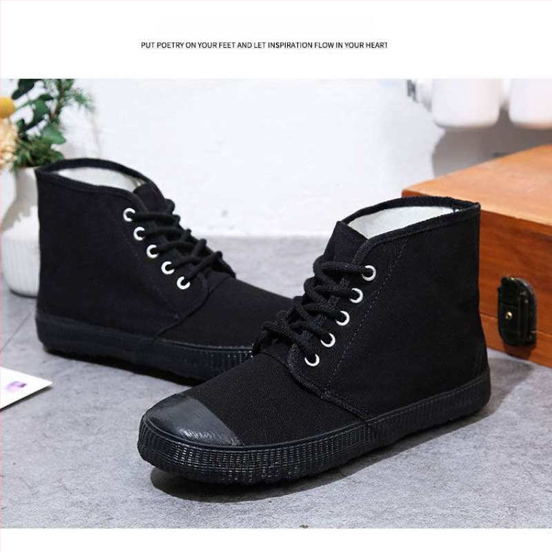 Vyriniai darbiniai bateliai iš drobės su gumine padų, anti-slydim ir atsparūs dilimui, vidutinio aukščio pirštų apsauga iš odos, raišteliai